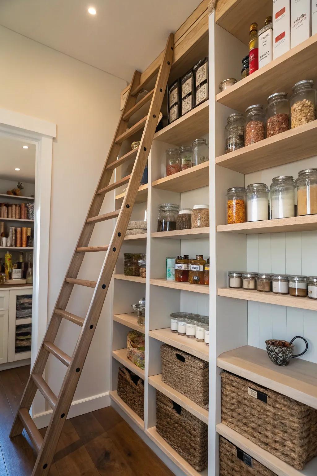 A pantry featuring a rolling ladder that offers access to upper shelves.