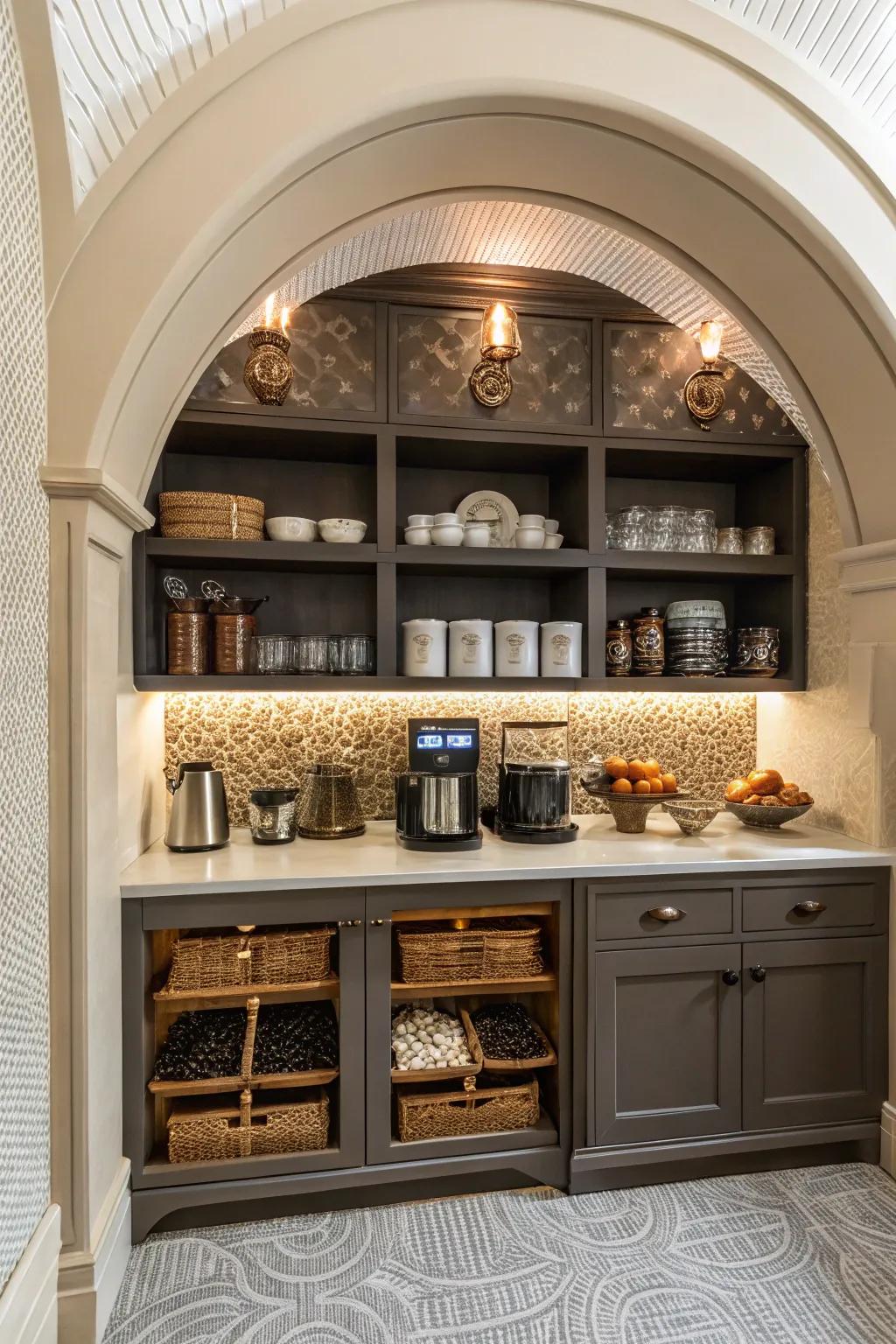 A curved design adds surprising symmetry to a coffee nook.