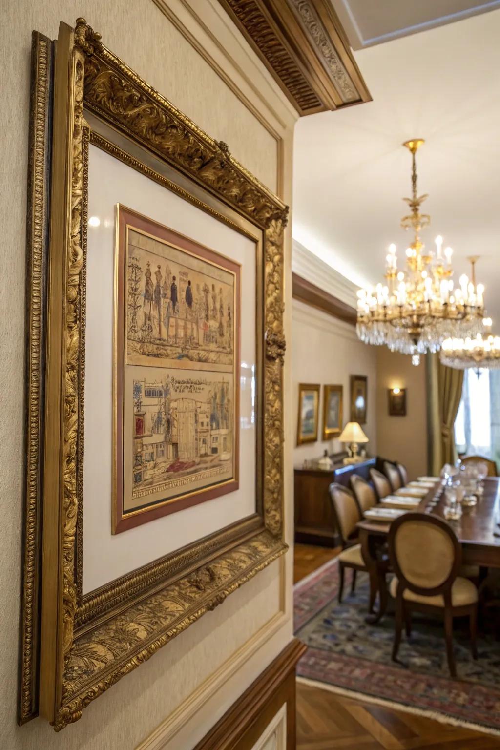 Old gold frames contribute sophistication and opulence.