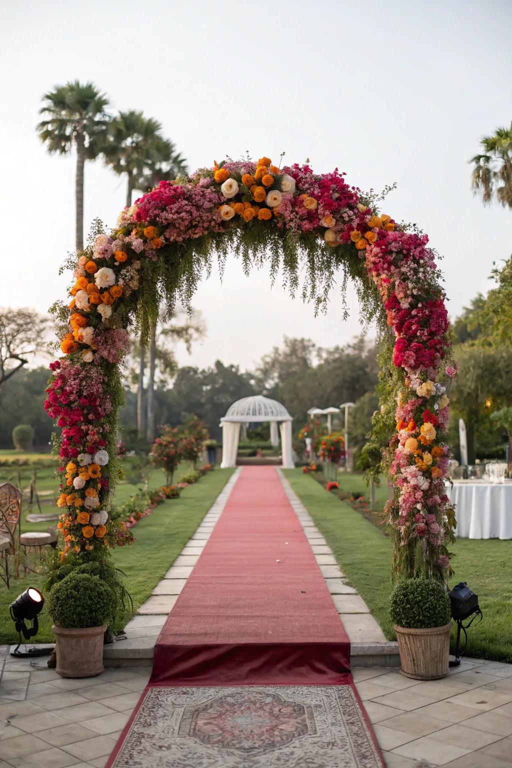 A floral arch creating a stunning entry for a rice-feeding event.