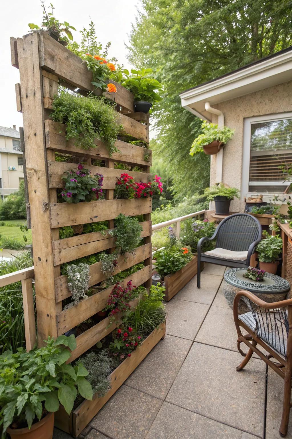 A skyward garden fashioned from platforms enhancing a patio.