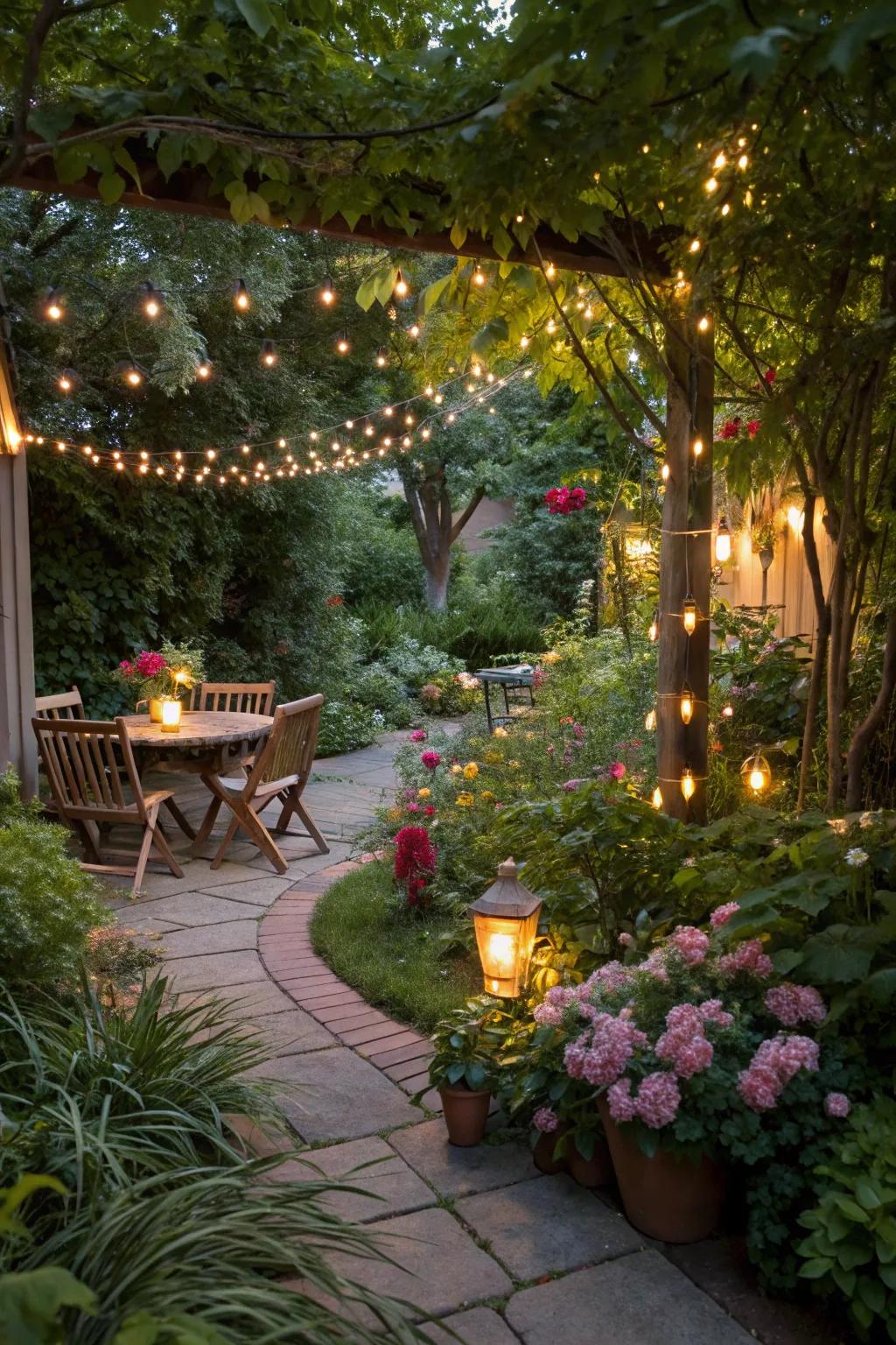 Twinkle lights construct a magical secret garden effect in your patio space.