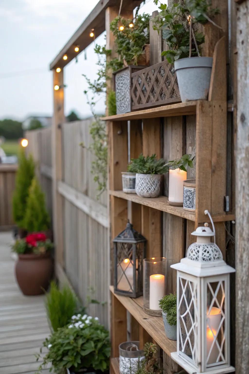 A wooden wall containing shelves that showcase various decor.