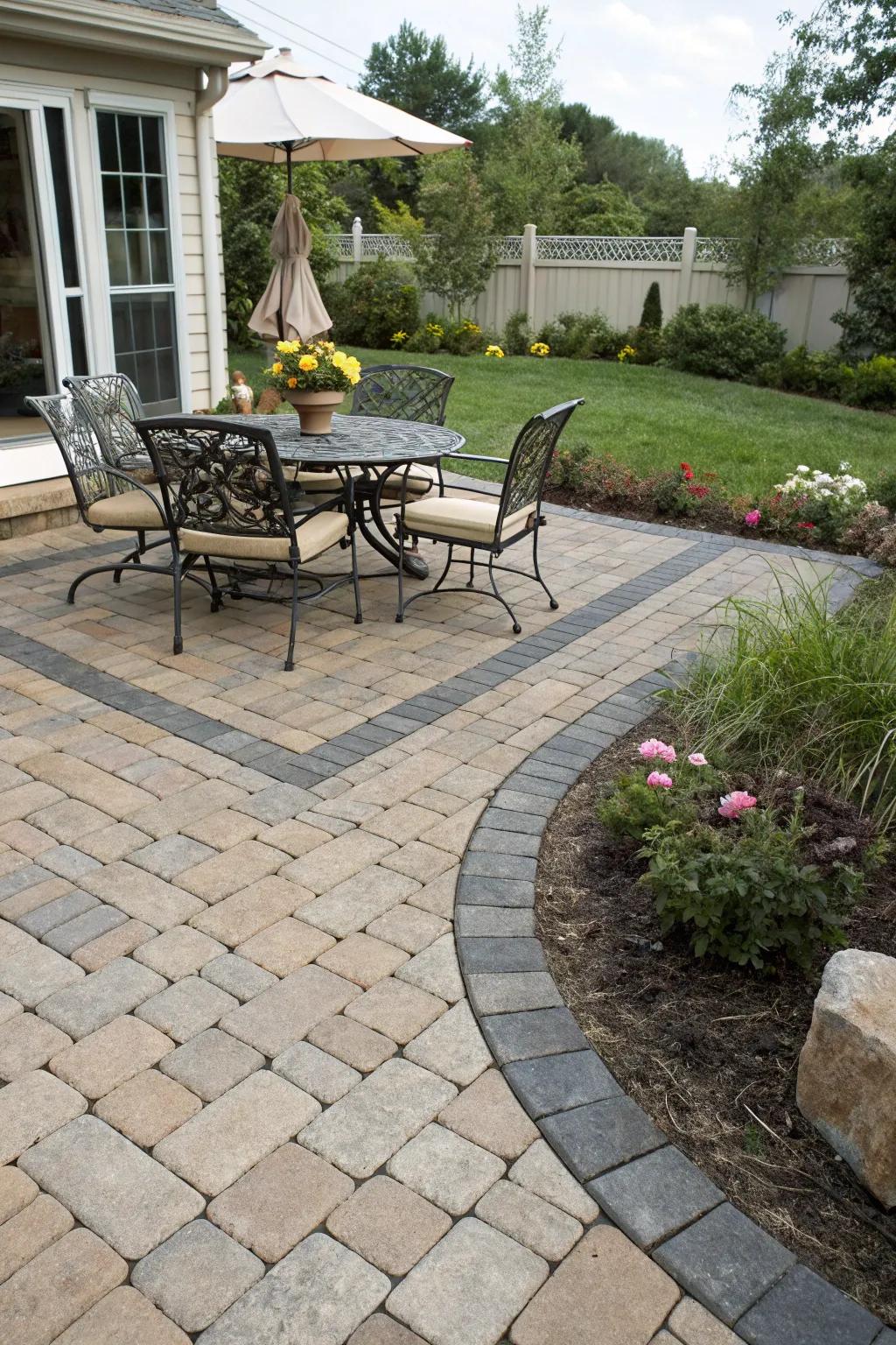 A paver patio with a selected dining spot, spotlighted by a unique paver pattern.