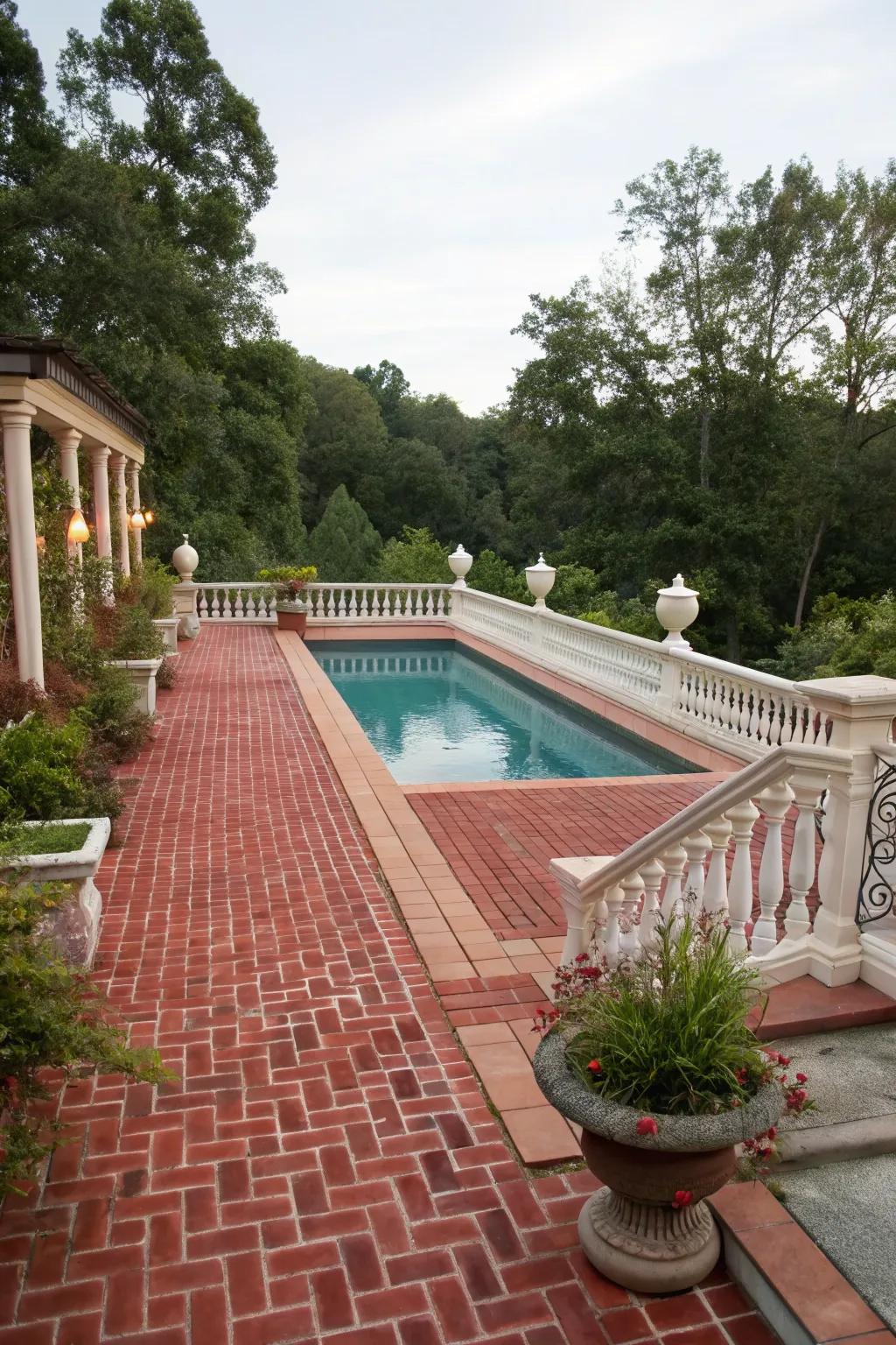Clay pavers bring a warm, classic feel to the poolside.