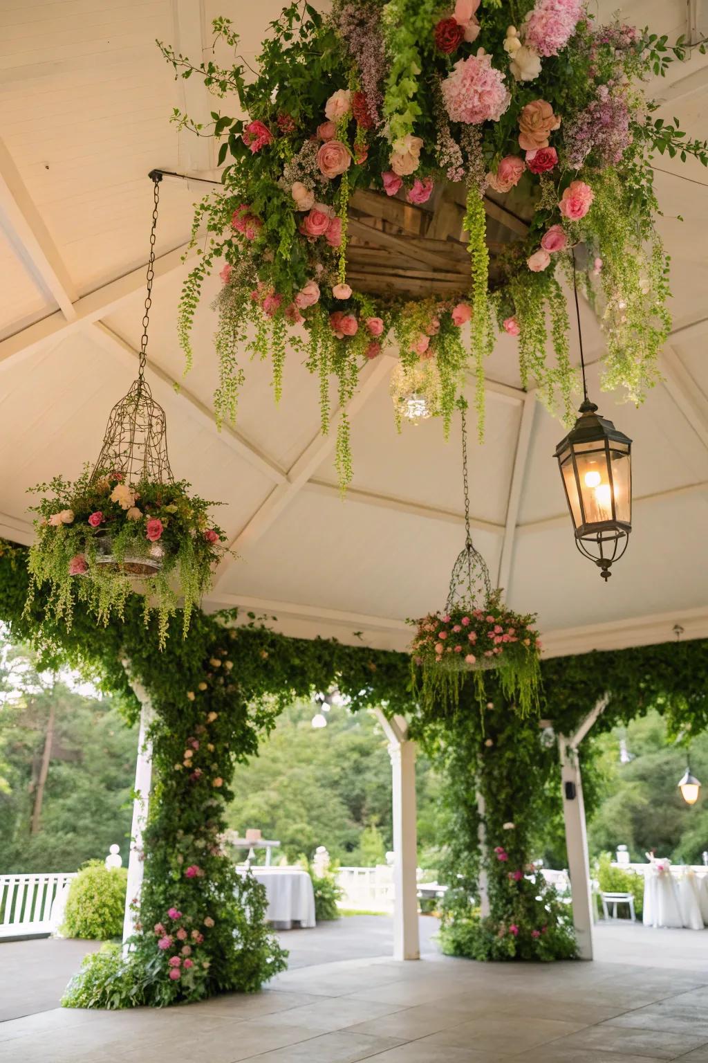 Suspended floral installations fashion a breathtaking overhead display.