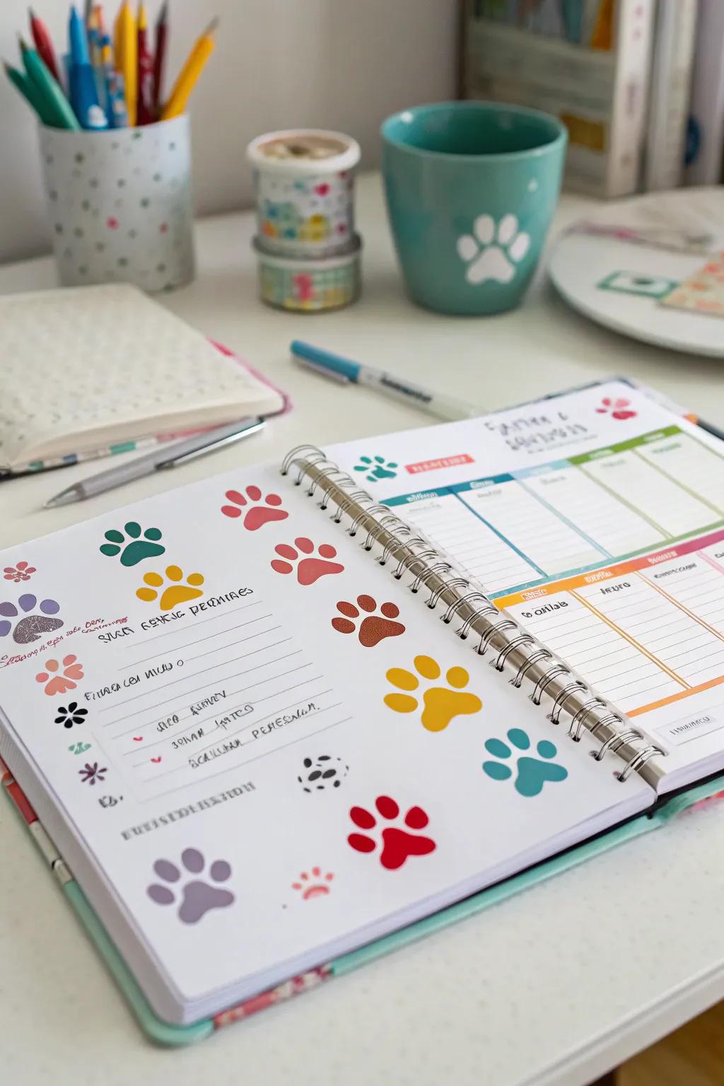Vibrant paw print stickers adding fun to a planner.