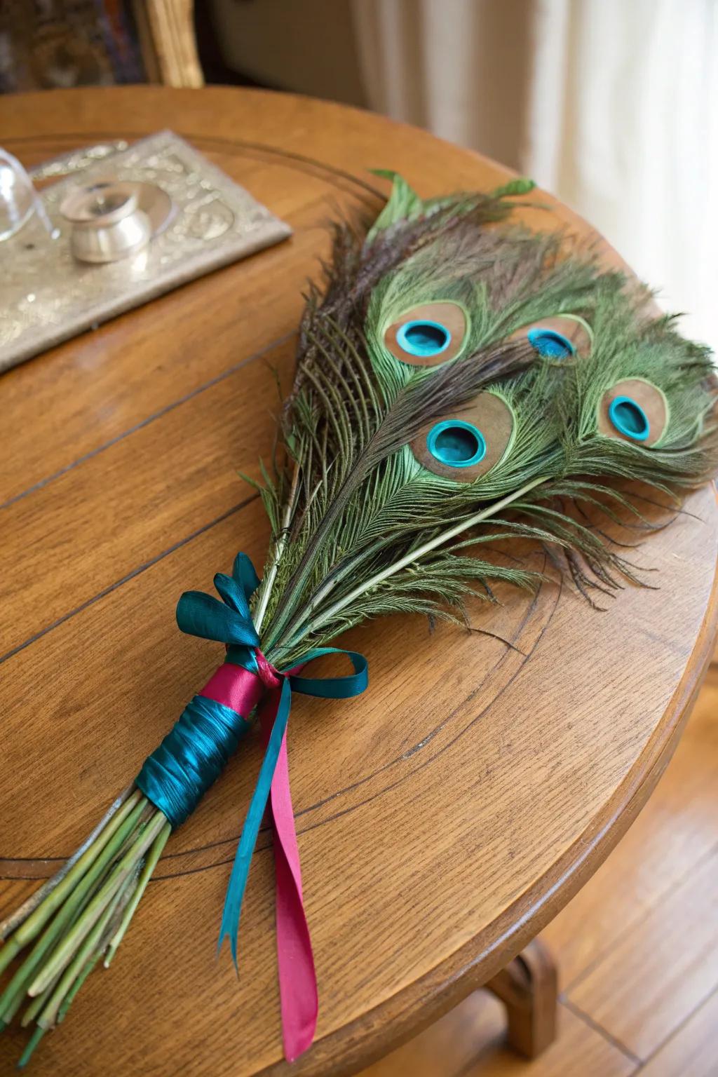 A delightful centerpiece showcasing ribbon-tied peacock plumes.