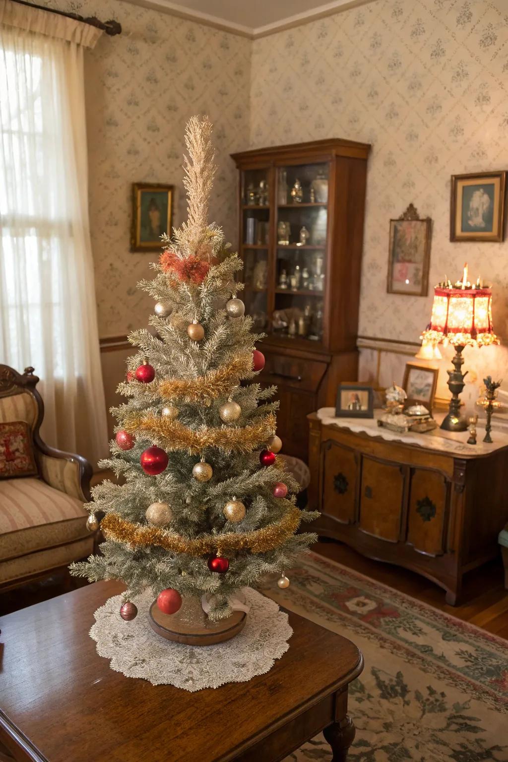 Vintage charm on a pencil Christmas tree with unique ornaments.