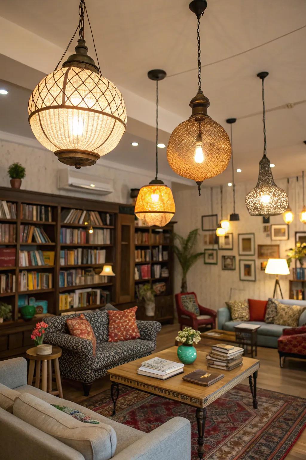 An eclectic mix of pendants adds personality to your decor.