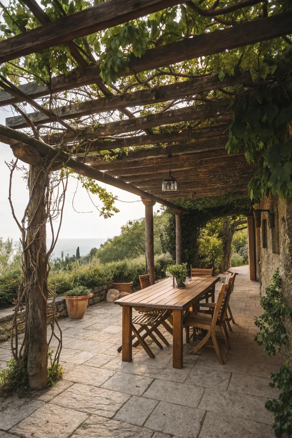 Wood accents add a hint of rustic charm to your pergola.