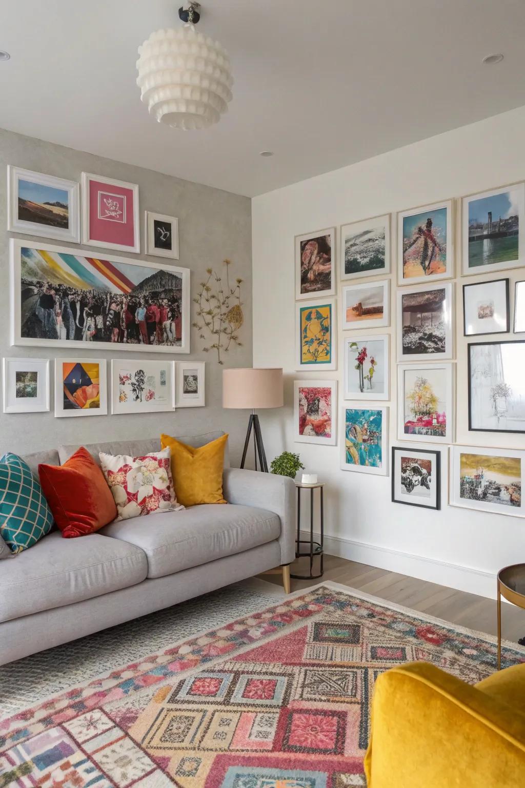 Incorporating art prints adds depth and a touch of refinement to this photo collage.