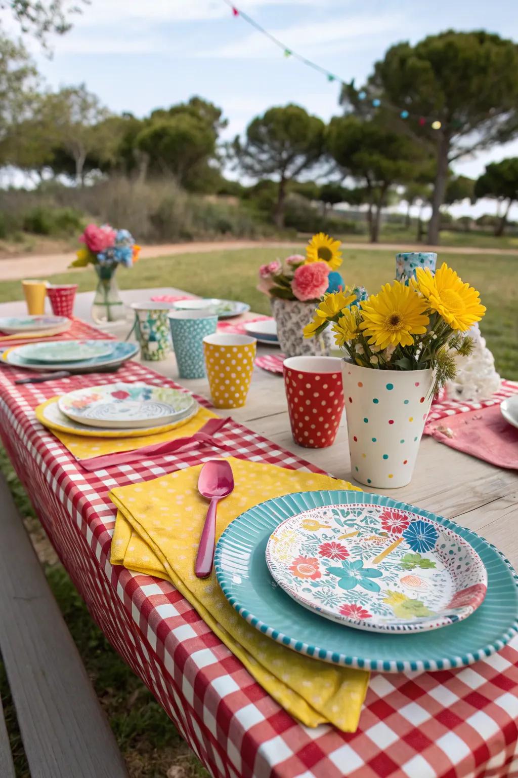 An eclectic mix of styles and colors gives this picnic table a unique personality.