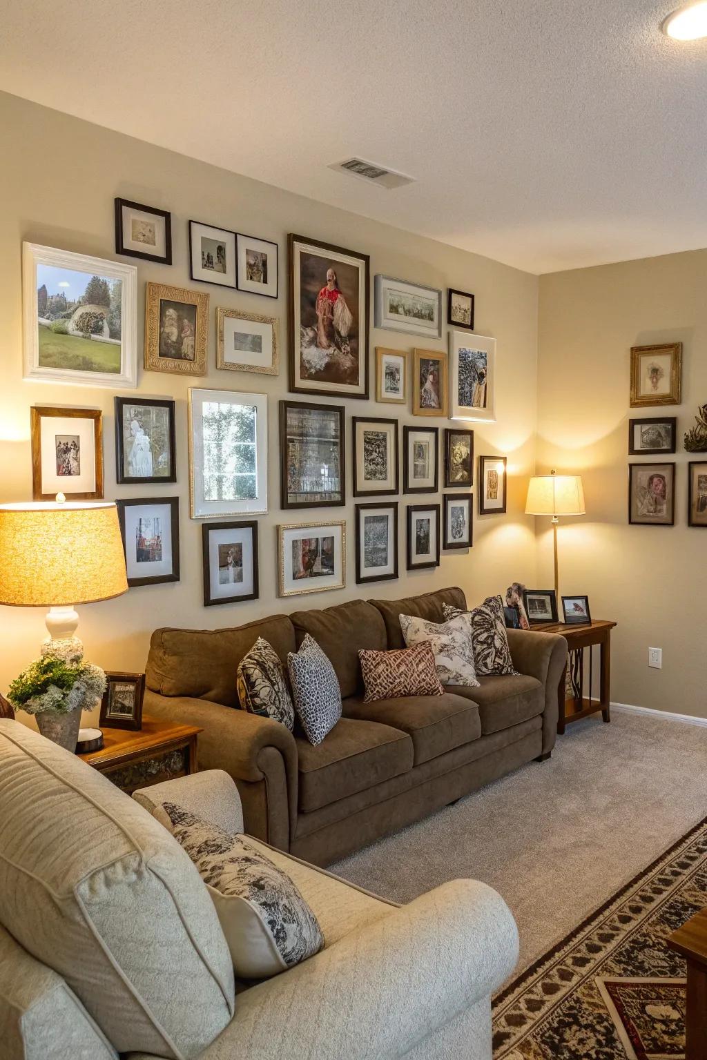 An arranged frame wall can revolutionize your living space into a personal gallery.