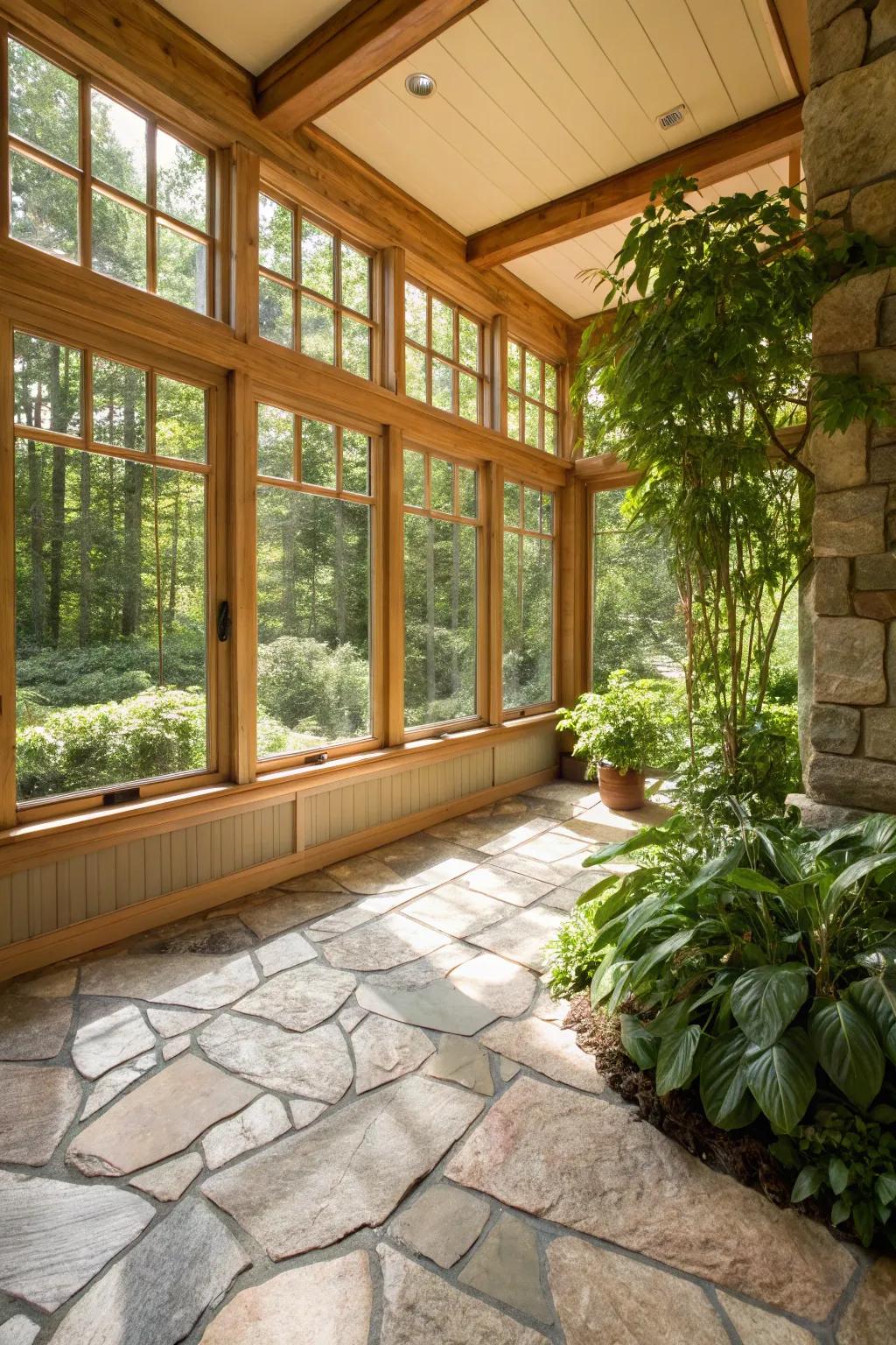 Organic rock coverings intensify the bond between indoor and outdoor spaces in sunrooms.