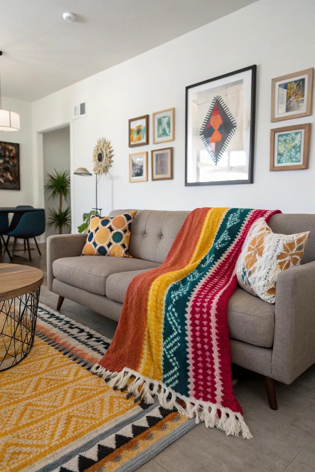 A vibrant couch cover as a statement piece on a sofa, injecting vibrancy into the space.