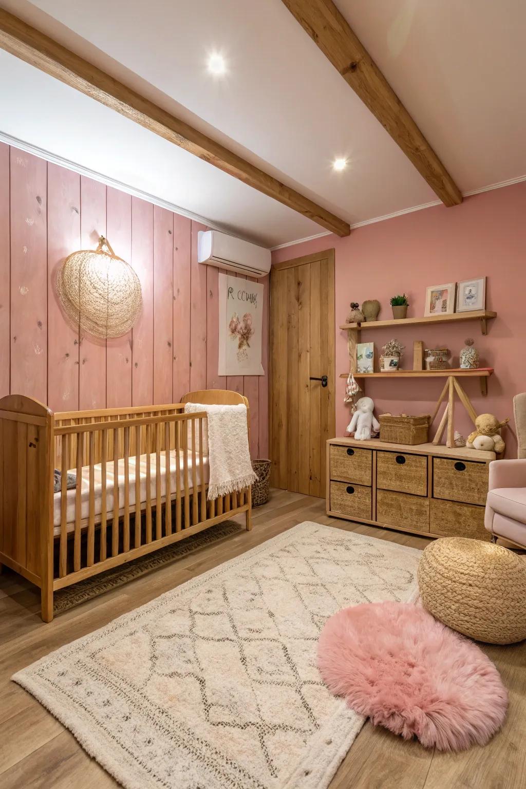 A cozy nursery with a rustic pink wall and wooden accents.