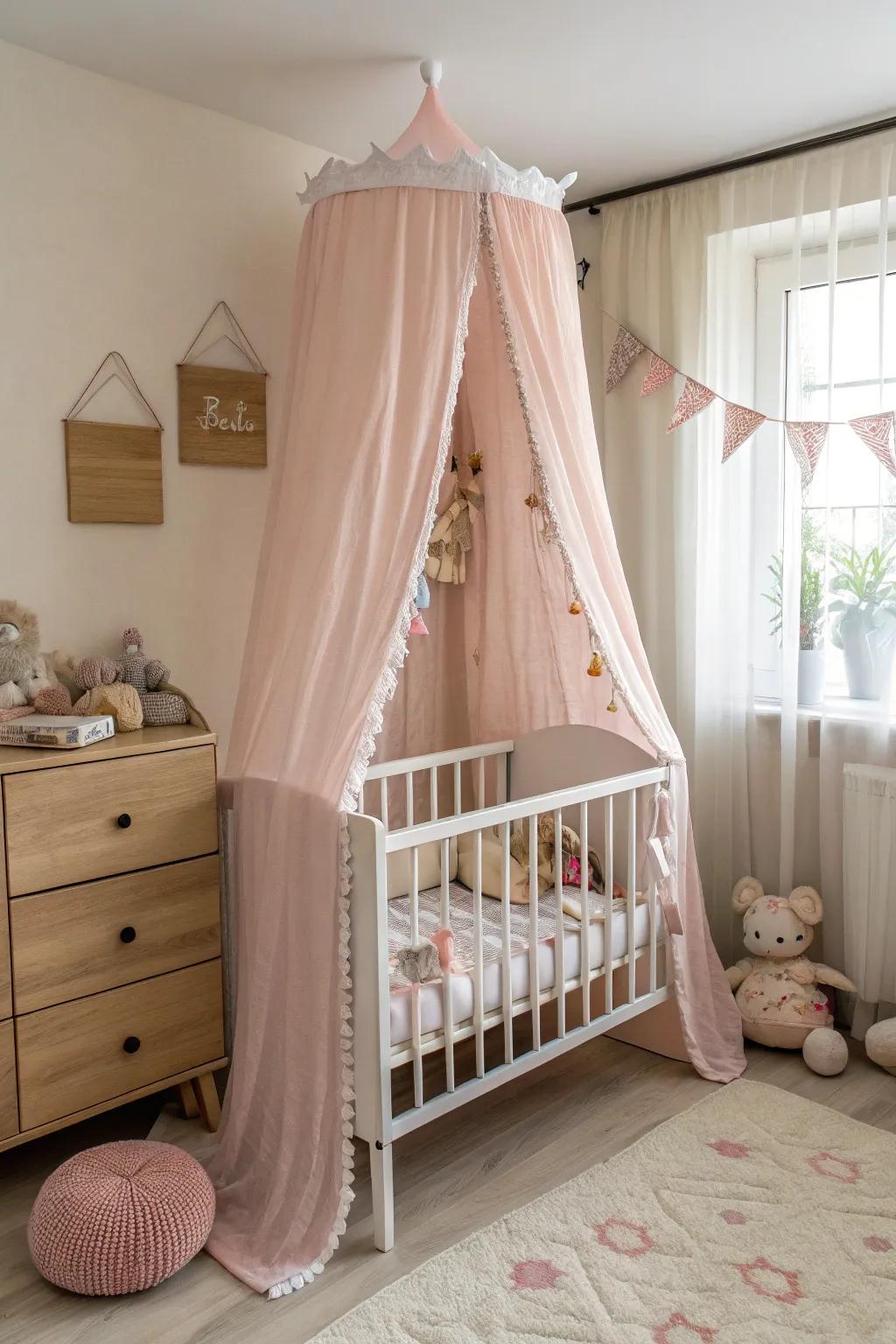 A playful canopy contributes a fairy-tale appeal to the bassinet.