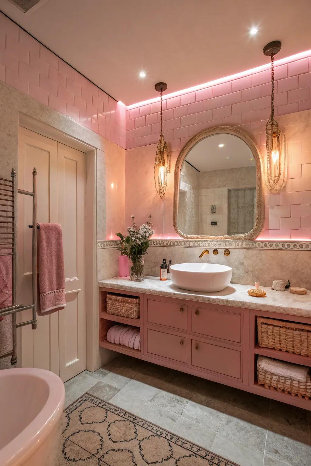 Subtle rose lighting adds warmth to the restroom.