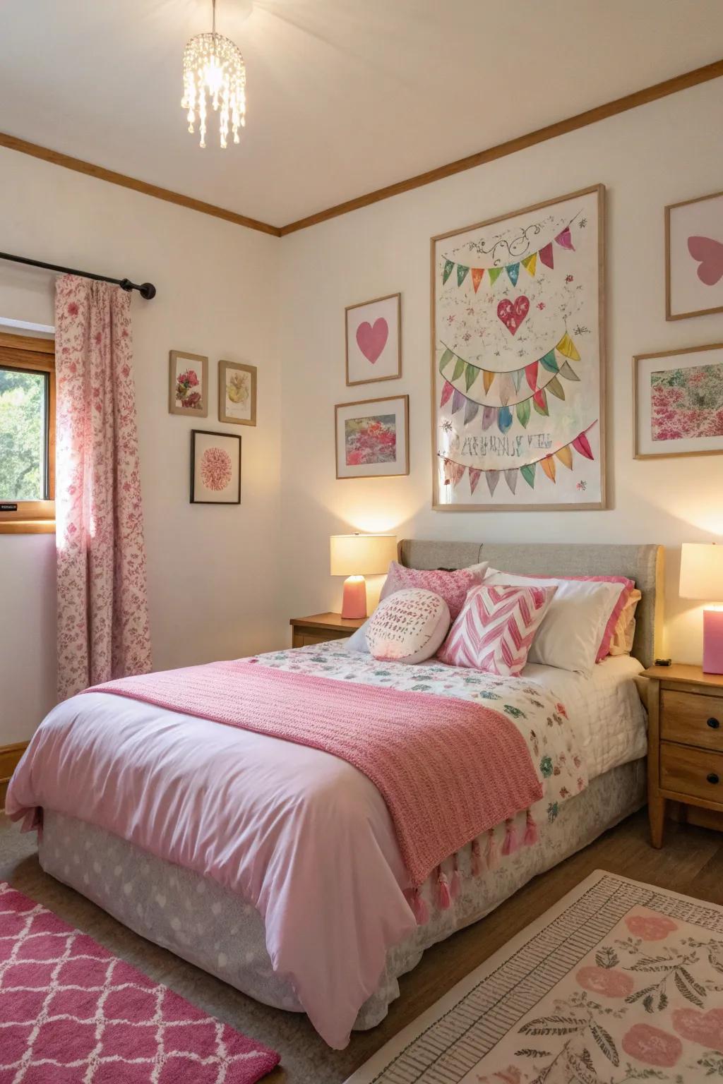 Striking rose-themed artwork infuses personality into this contemporary bedroom.