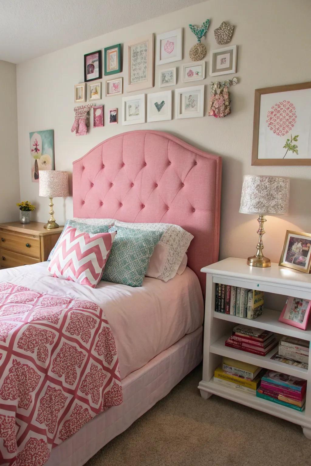 A personalized and charming bedroom with a DIY pink fabric headboard.