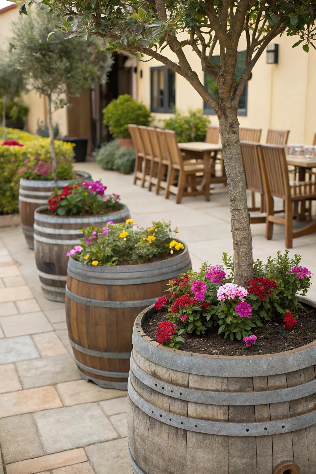 Create a focal point with upcycled wine barrels.