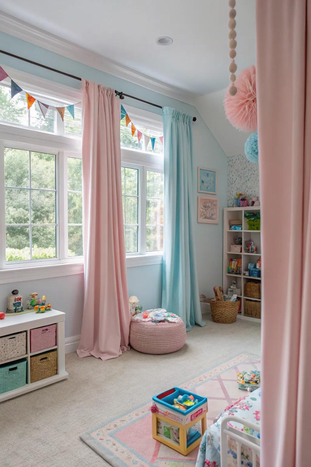 Pale drapes design a soothing ambiance in the playroom.