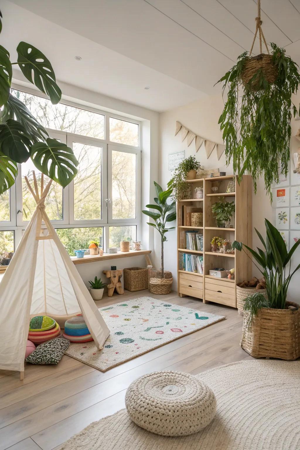 A peaceful playroom featuring nature-based accessories.