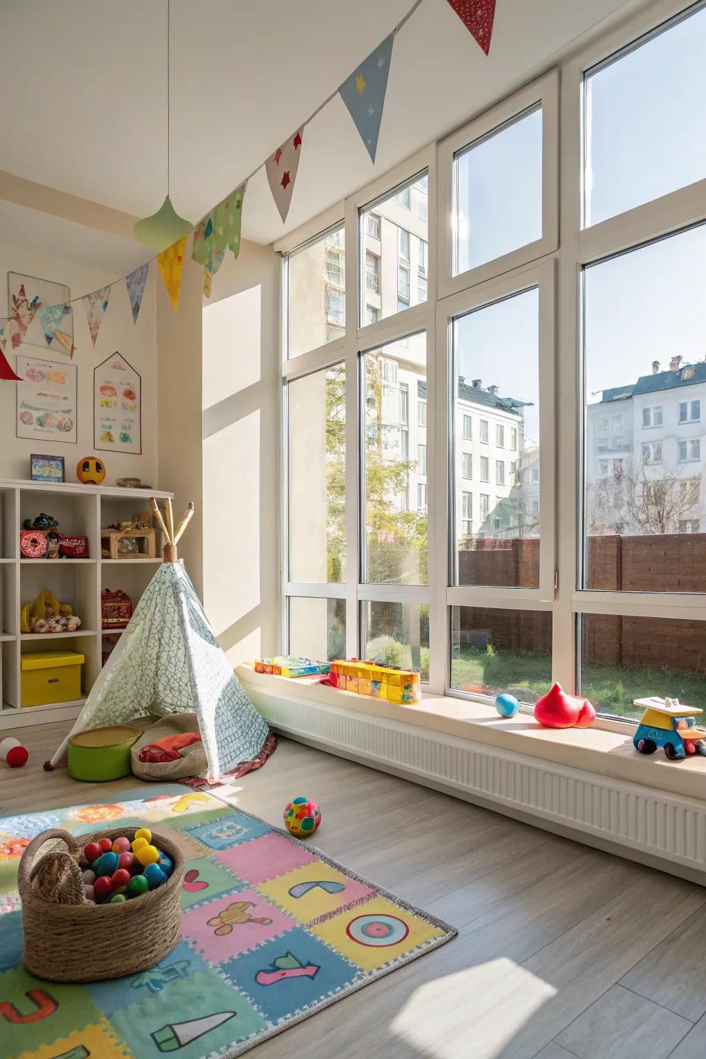 A bright playroom with large windows that enable plenty of daylight to enter.