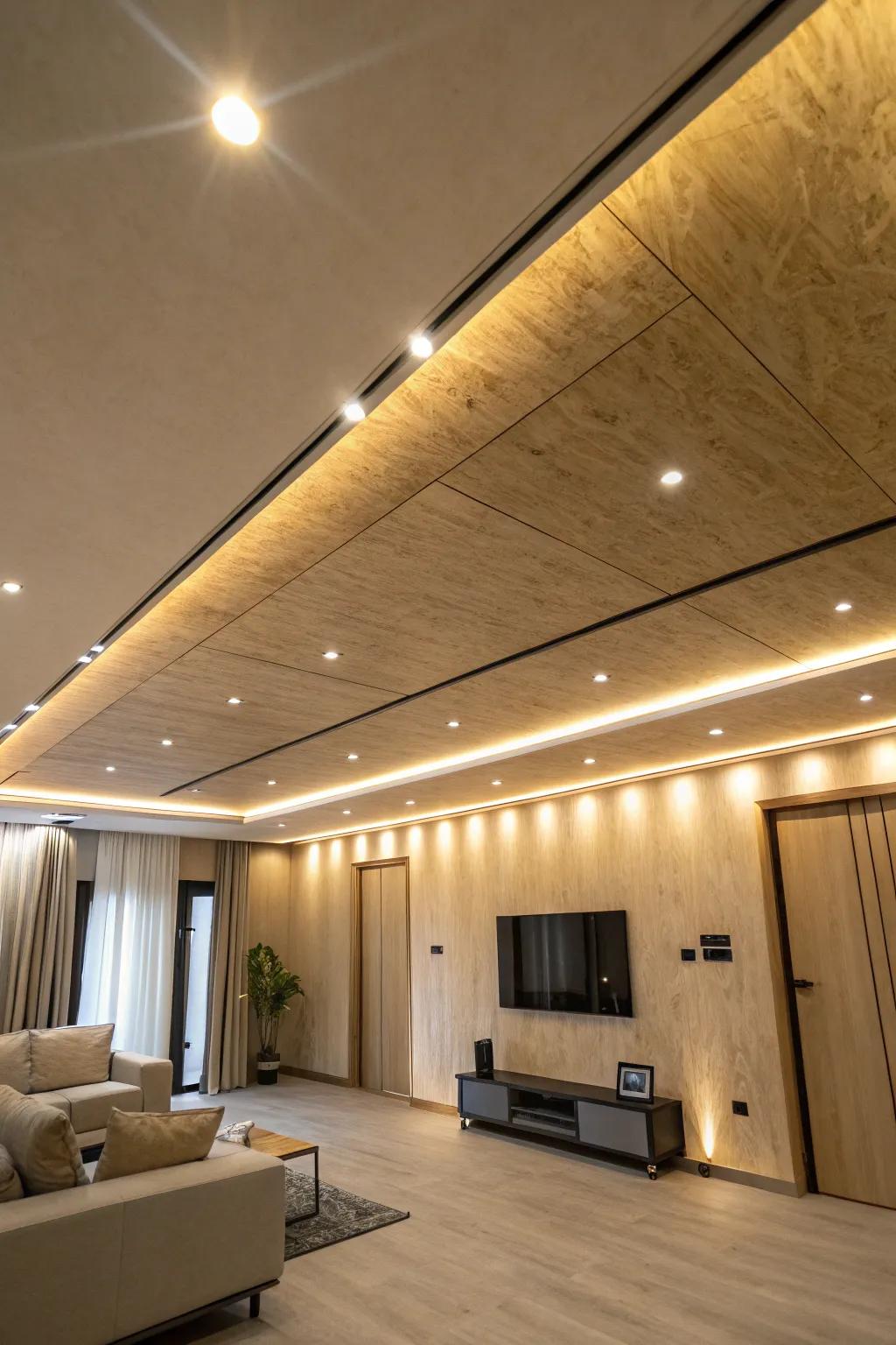 A modern room with encased illumination enhancing a chic plywood ceiling.