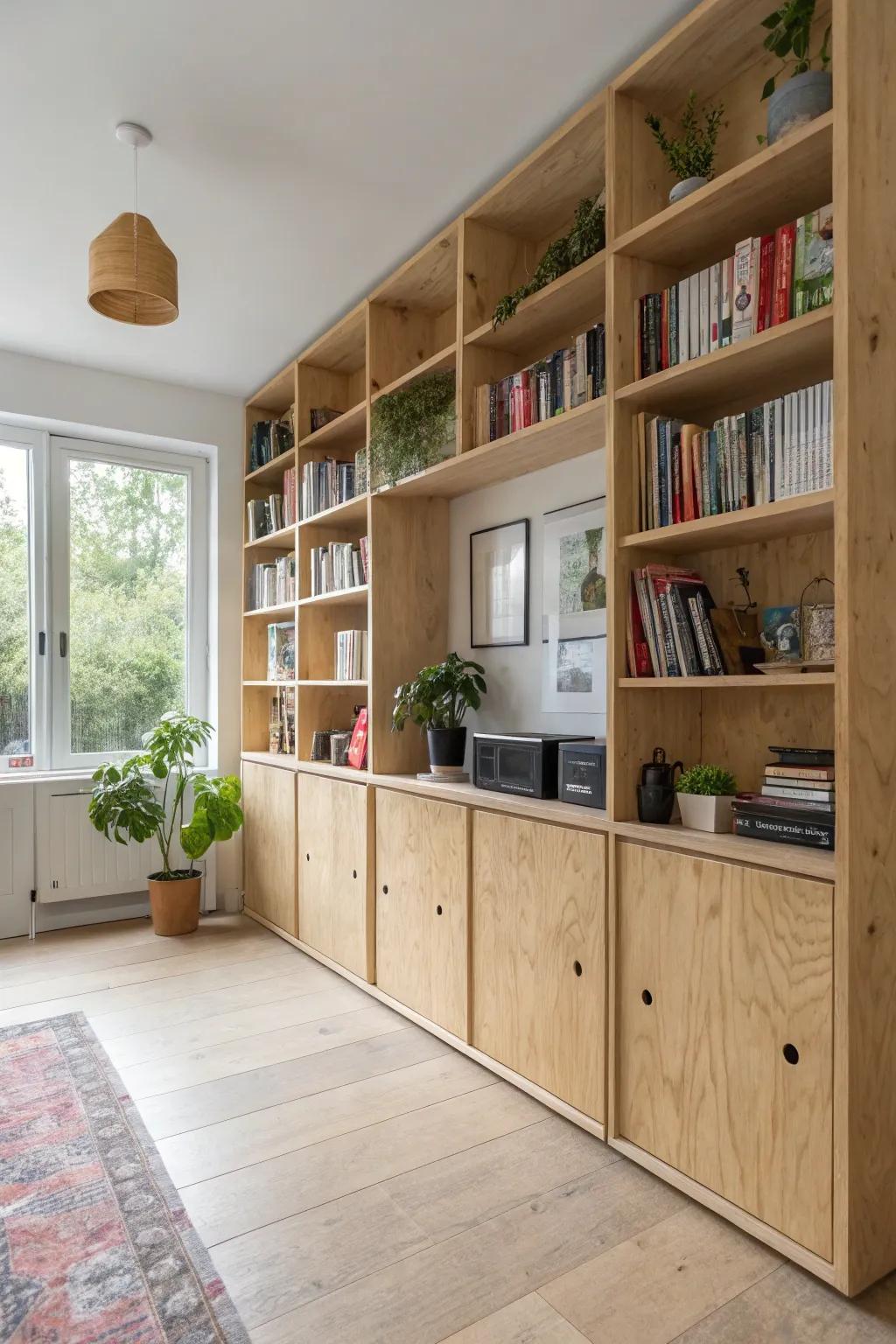 Innovative plywood storage solutions enhance room functionality.