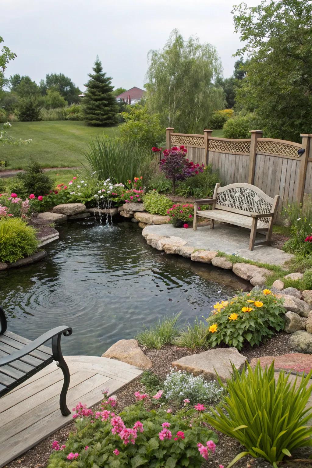 A calming seating area next to a backyard pond.