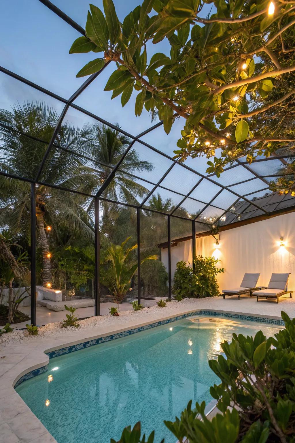 Lighting that brings tropical resort vibes to your pool cage.