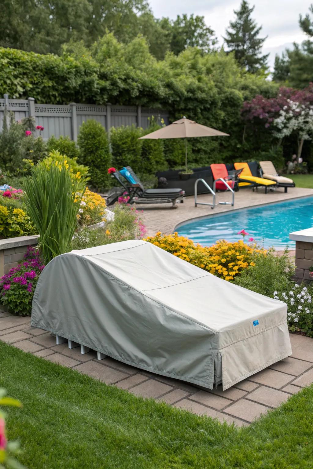 A stylish weatherproof cover harmonizes with the outdoor aesthetic.