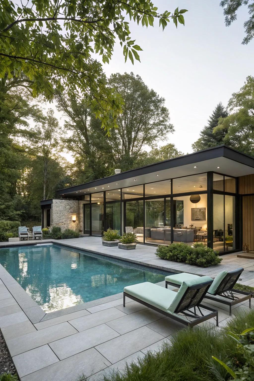 A pool setting featuring a unique L-shaped form.