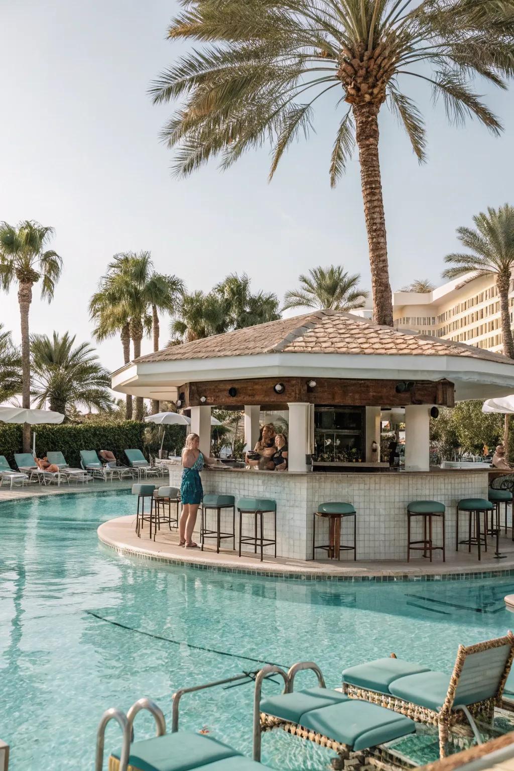 A pool showcasing a handy swim-up refreshment spot.