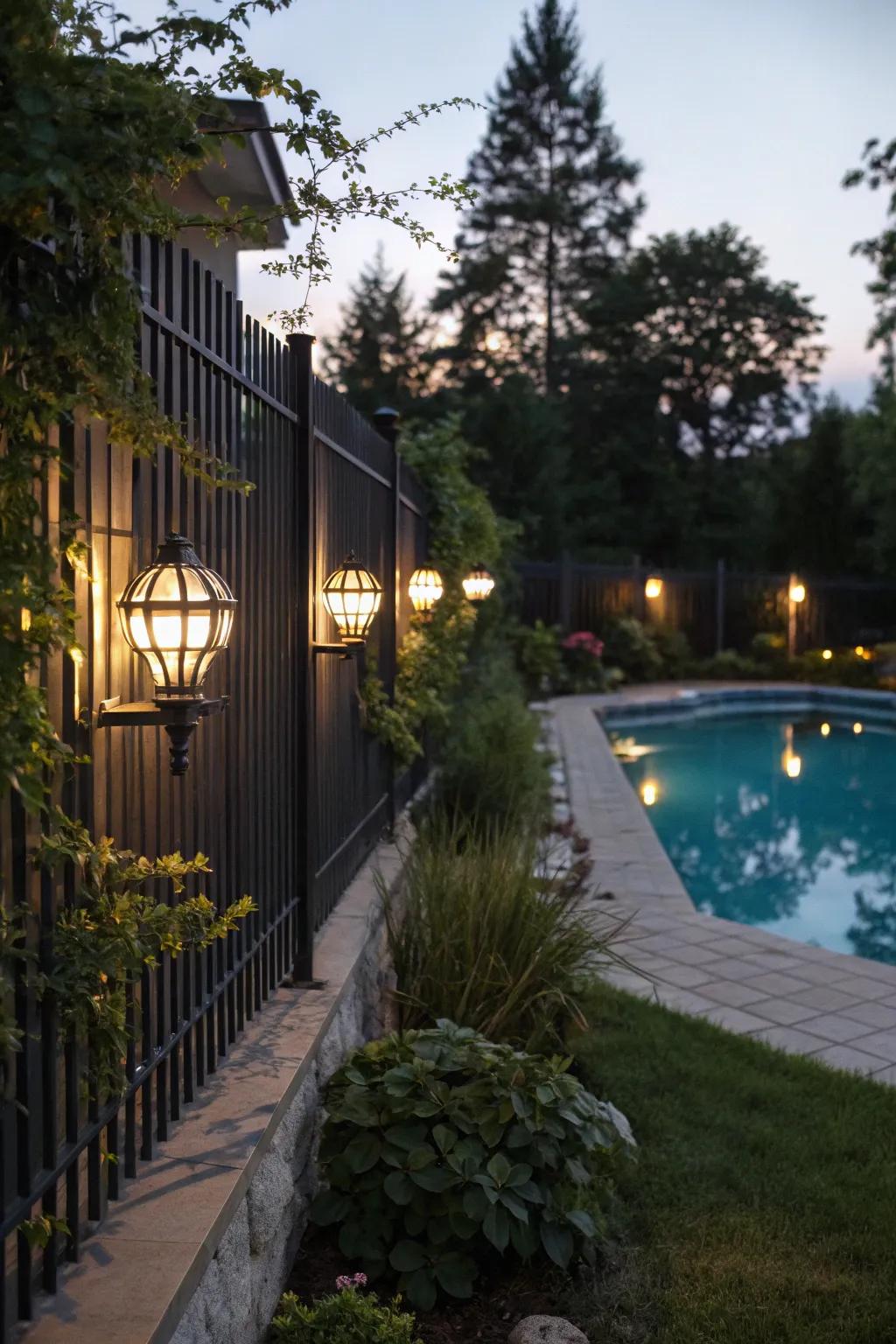 Wall lighting enhances security and ambiance.