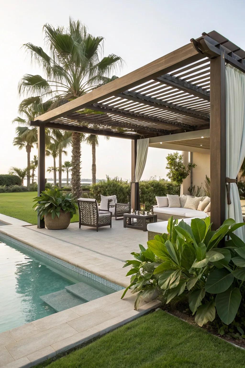 A shaded structure introduces elegance and sun protection to your poolside escape.