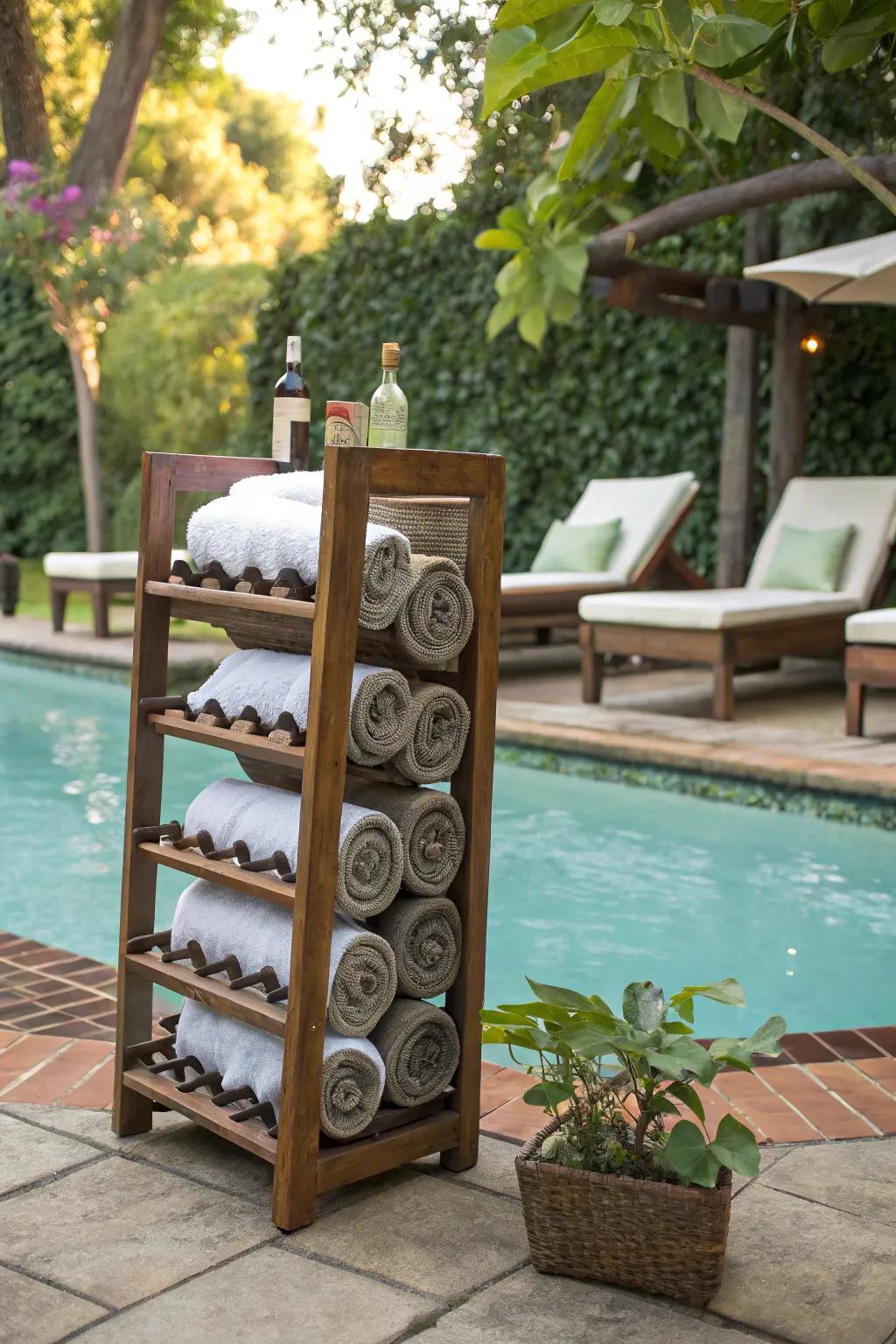 Upcycled wine rack for a distinctive towel storage choice.
