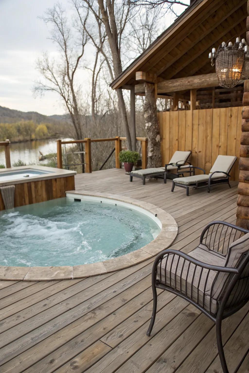 A rustic plank deck enriches your pool and spa with warmth and charm.