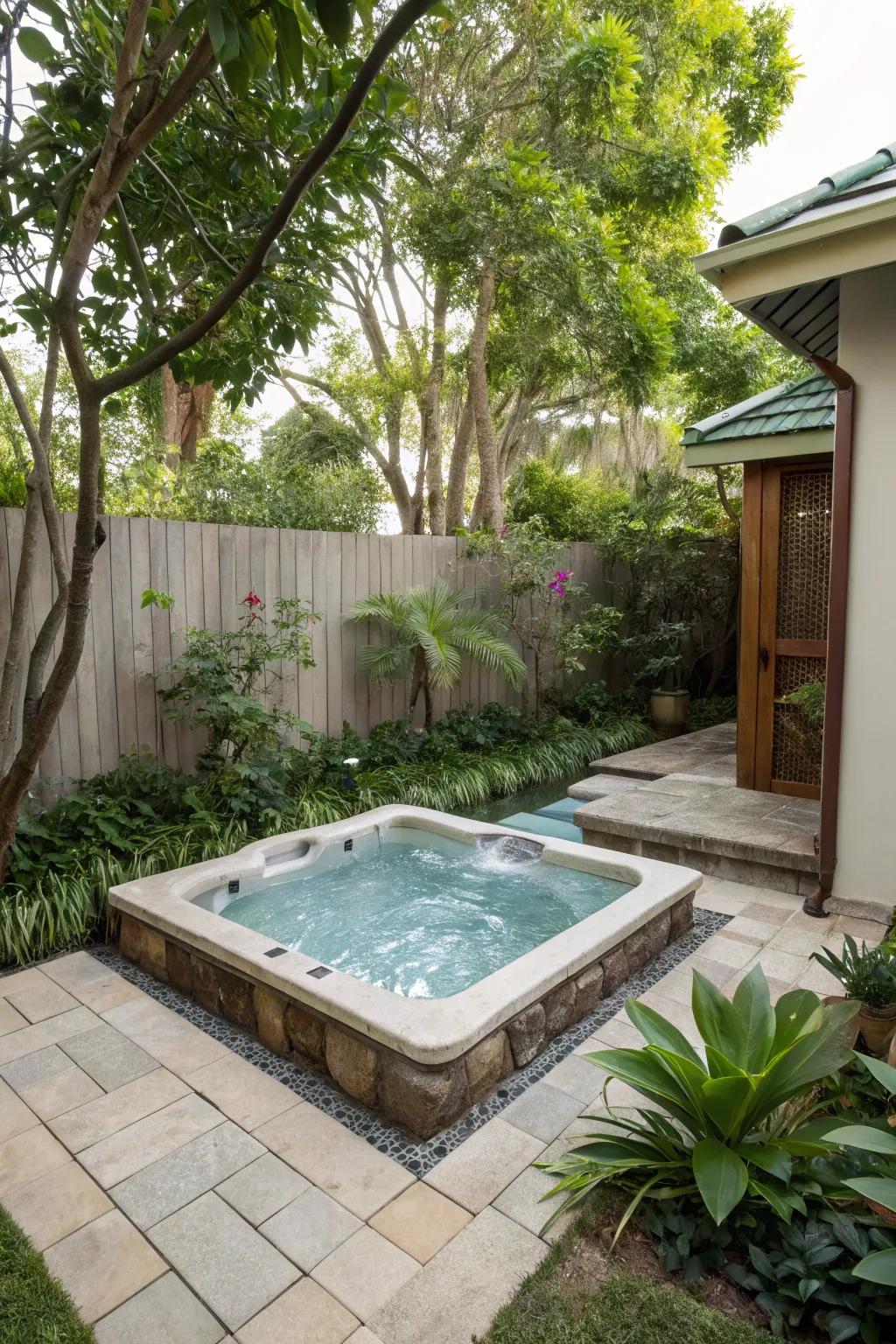 A soaking tub integration adds a touch of luxury to small backyards.