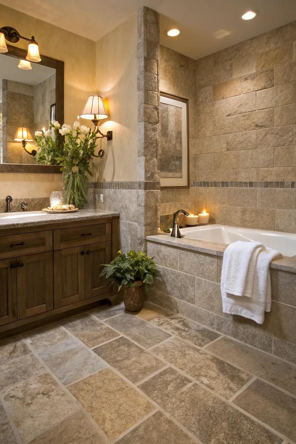 Stone-look porcelain tiles create a serene, spa-like atmosphere in this tranquil bathroom.