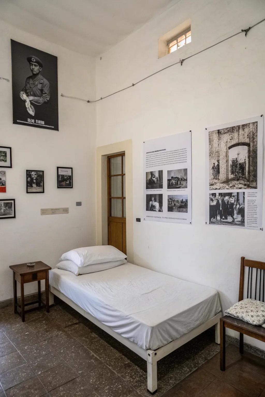 A minimalist room featuring black and white posters.