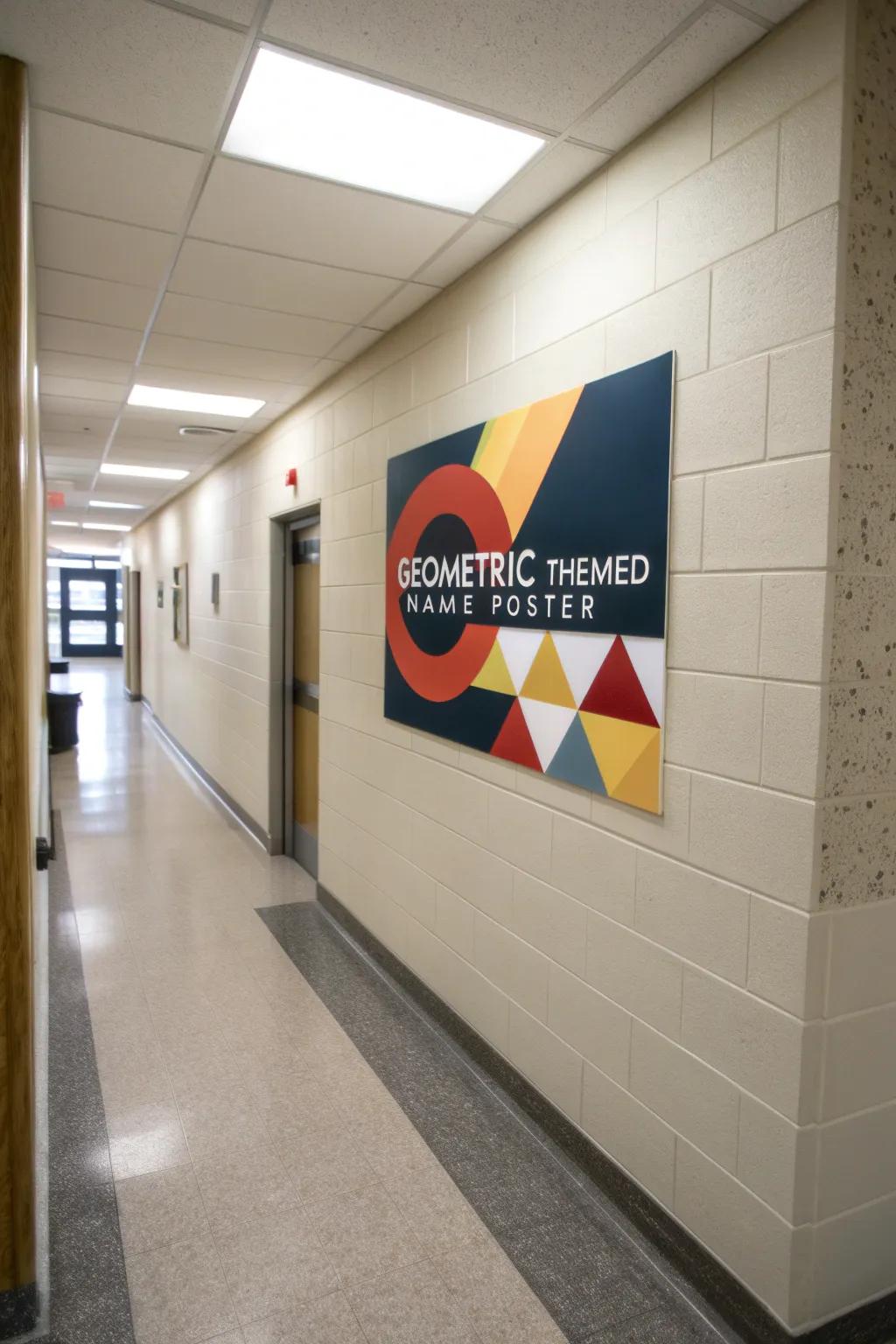 A geometric name poster contributing a modern edge to a hallway.
