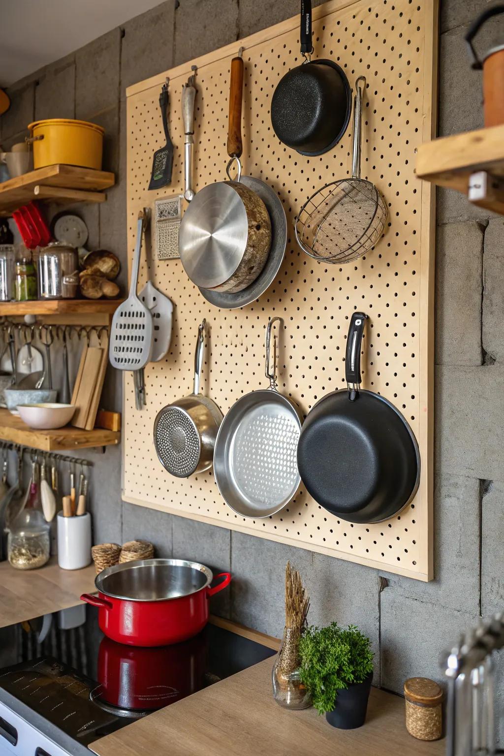 A pegboard introduces both versatility and style to cookware storage.