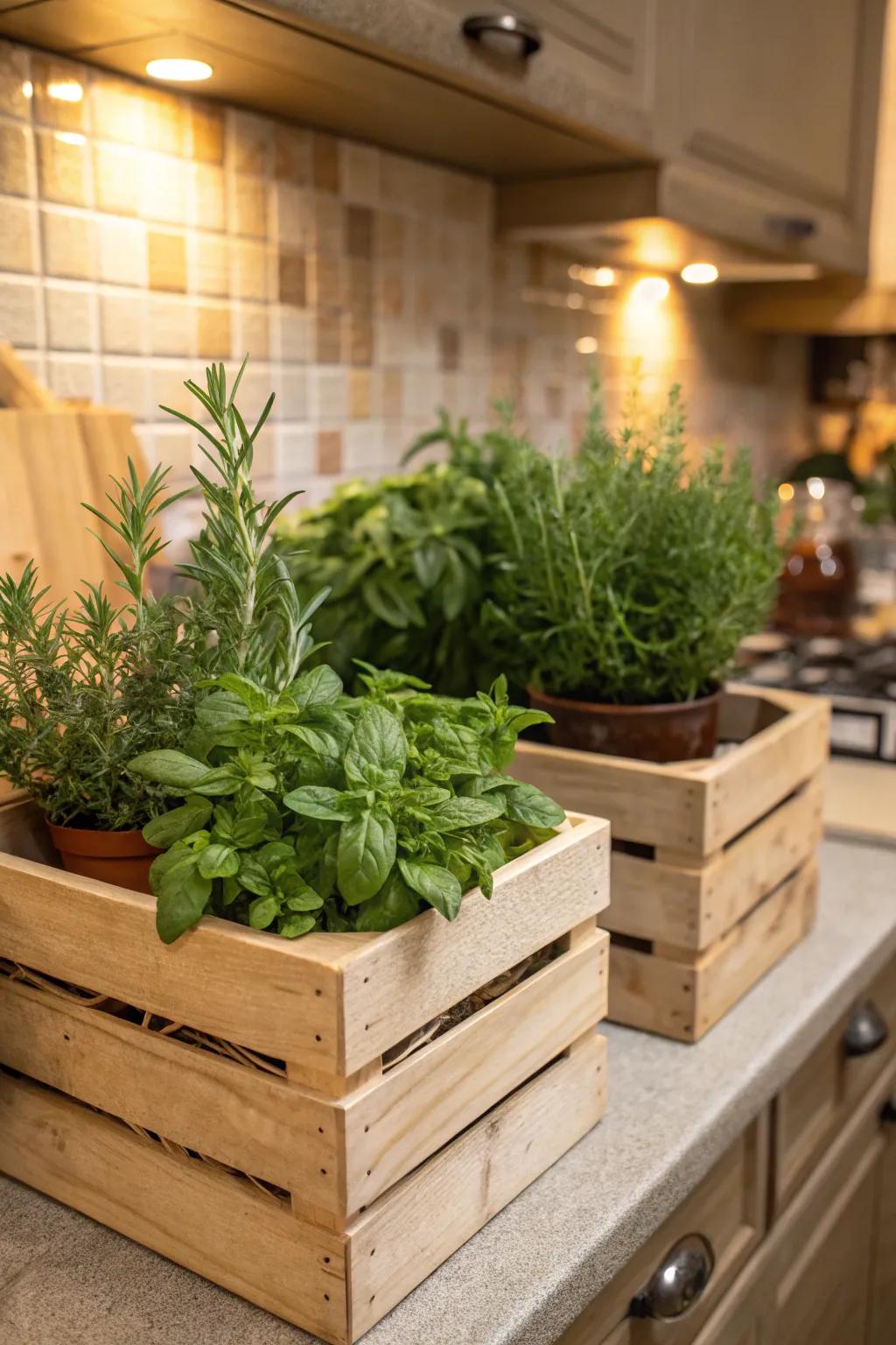 Timber crates overflowing with herbs lend an aura of countryside allure.