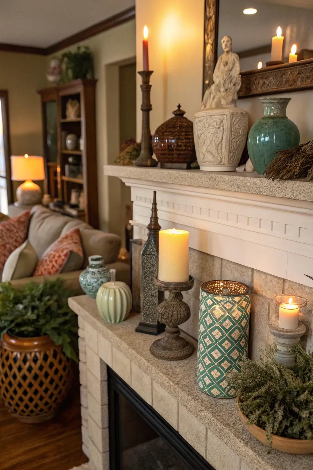 Diverse pottery layout on a living area fireplace mantel.