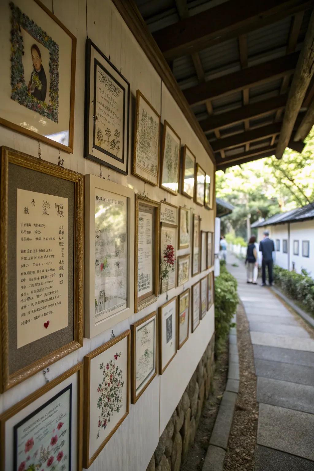 A prayer area showcasing framed reminders and meaningful artwork.