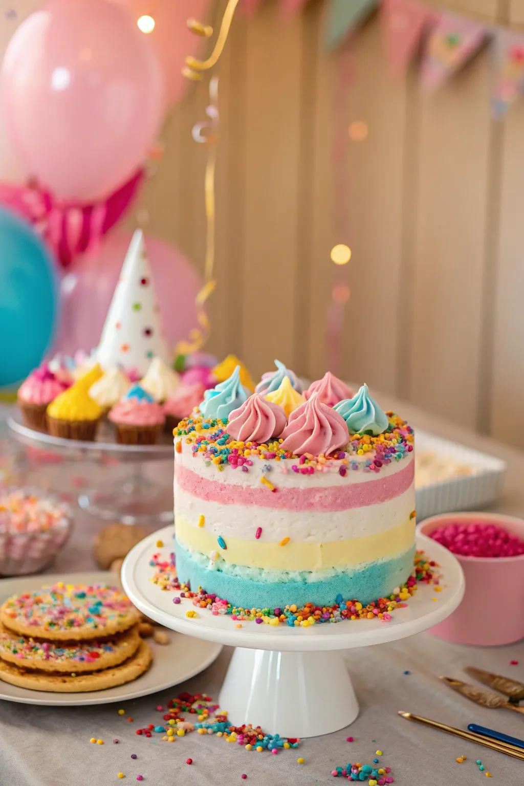 A confetti cake takes center stage as a vibrant and delectable spectacle.