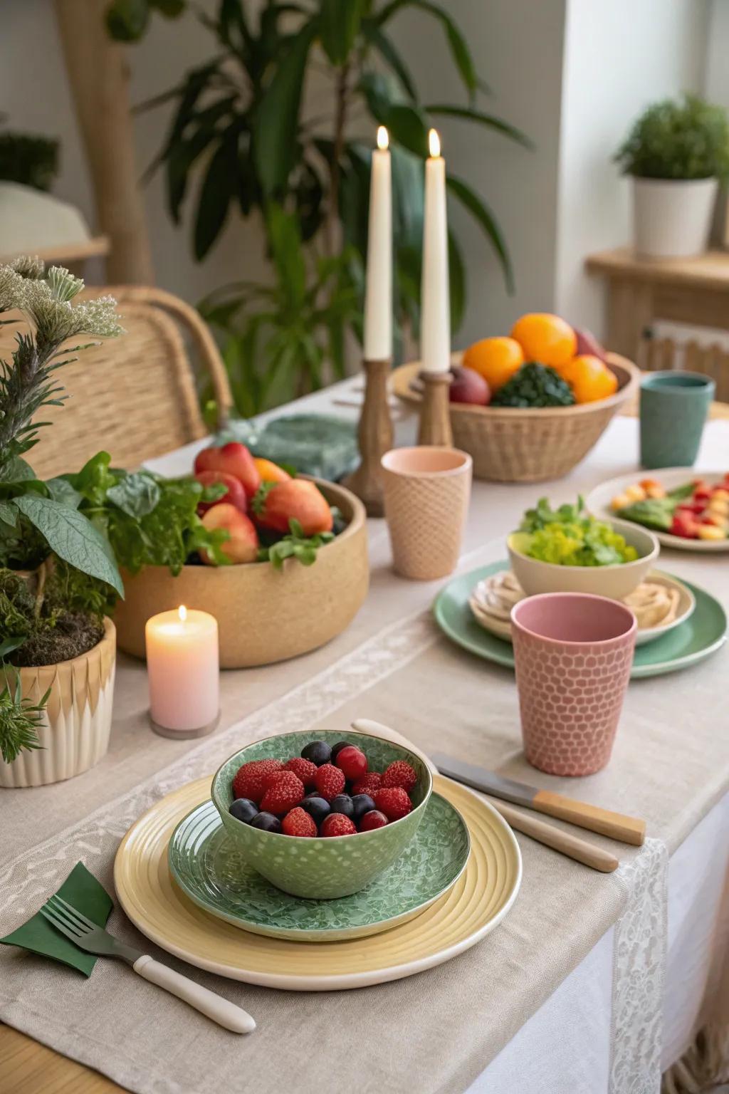 A dining area featuring organic dishes and eco-conscious ornaments, highlighting reusable dinnerware.
